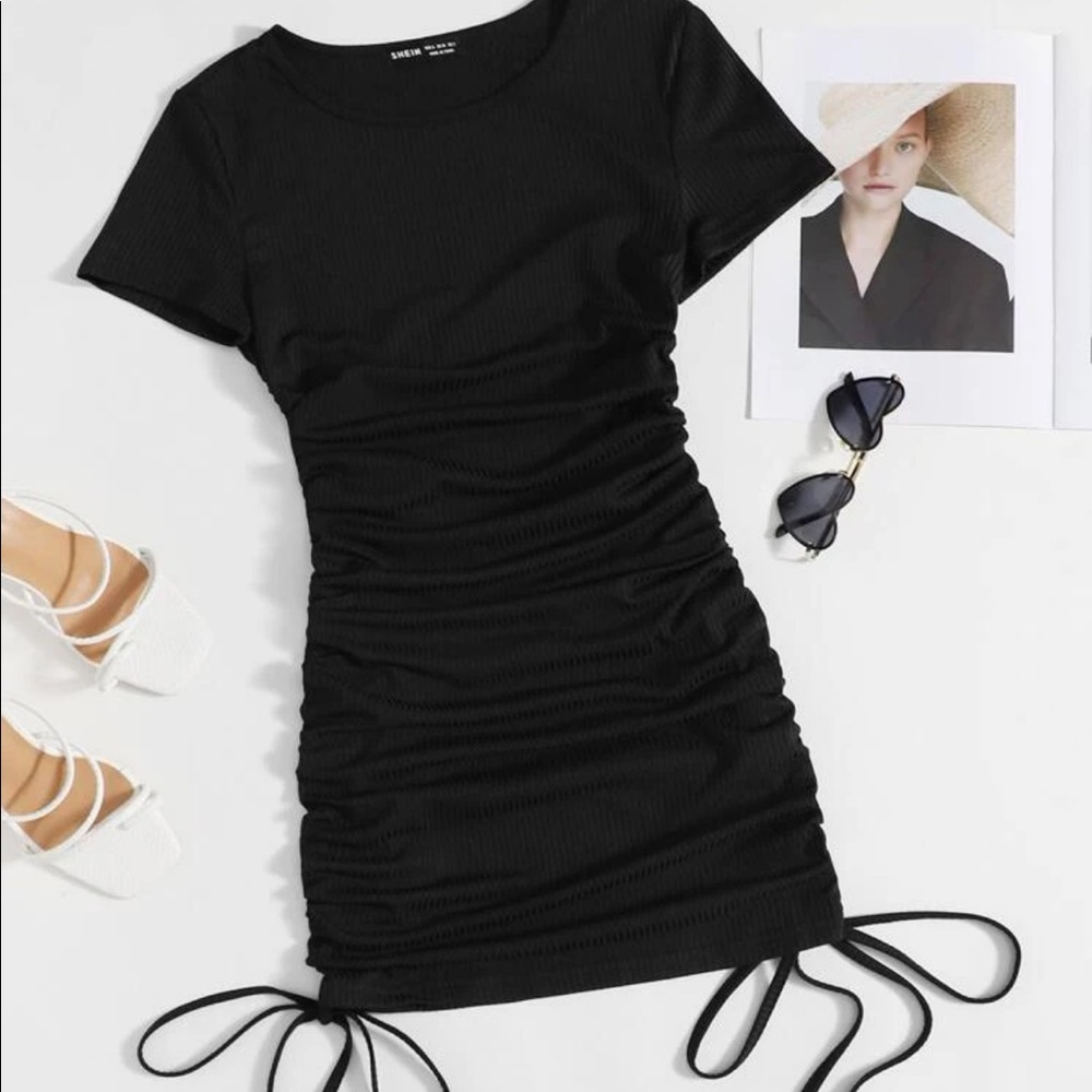 Solid Slide Drawstring Ruched Bodycon Dress - image 1